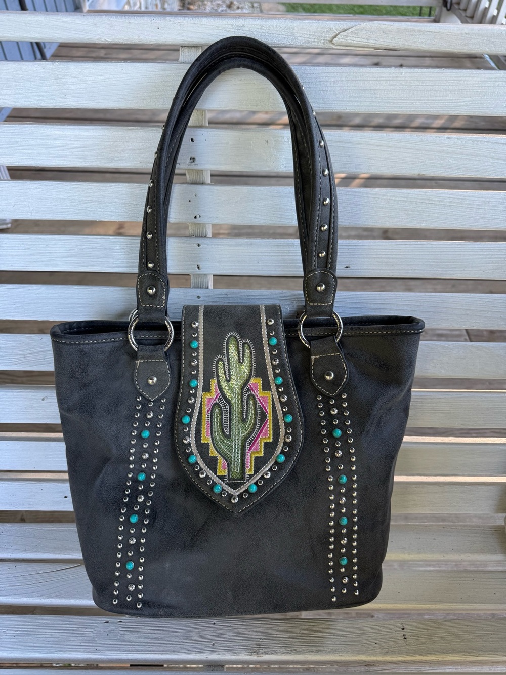 American Bling Studded Tote shiny Cactus Embroidery conceal carry 15.5โx5.2x10.2